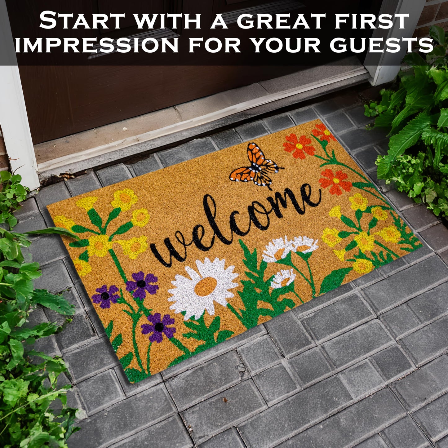 Floral Coir Doormat Outdoor 30x17 Inch Spring Flowers Garden Summer Mats