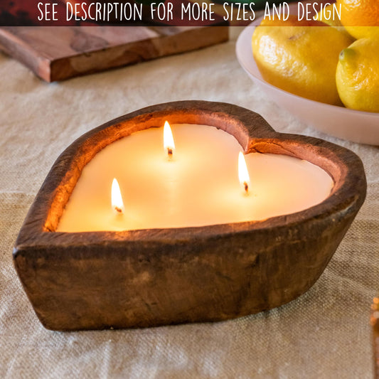 Wooden Dough Bowl Candle 6-inch Heart