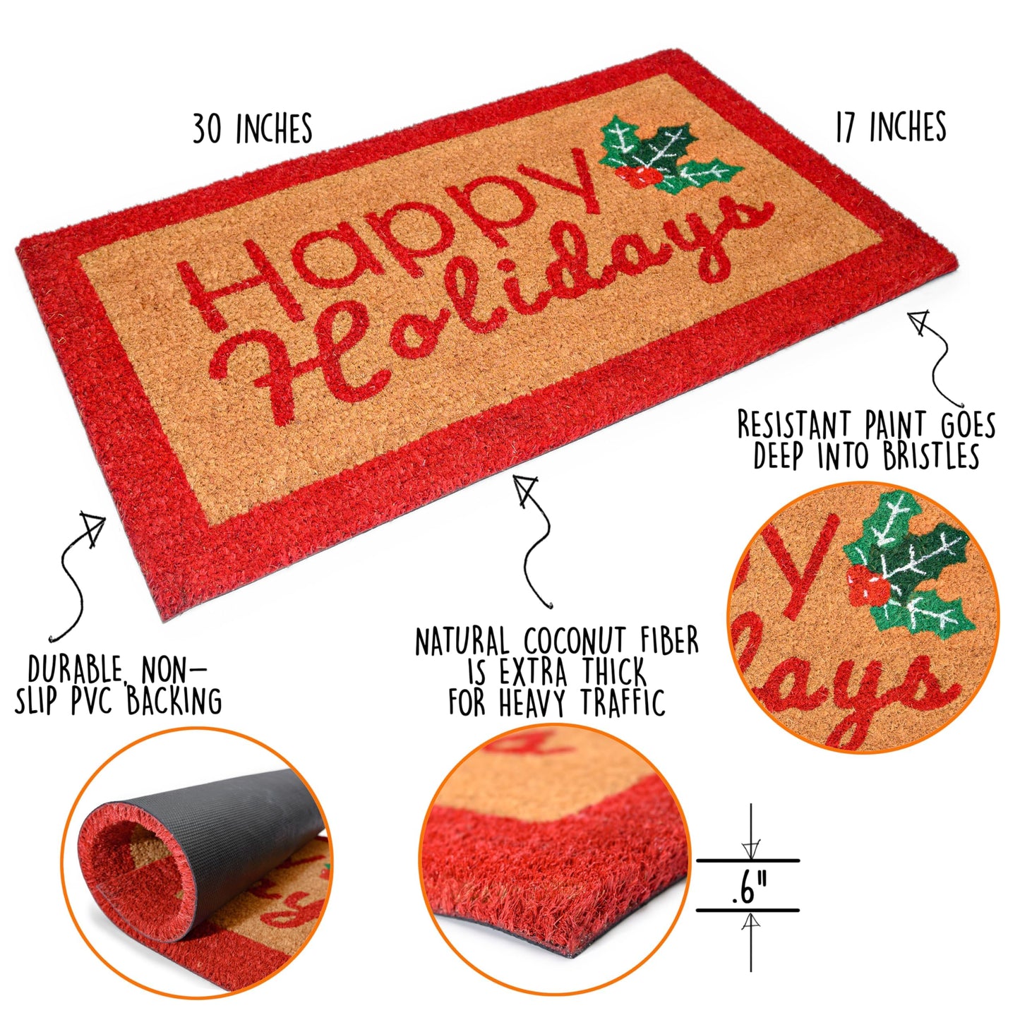 Happy Holidays Door Mat Outdoor 30x17 Inch
