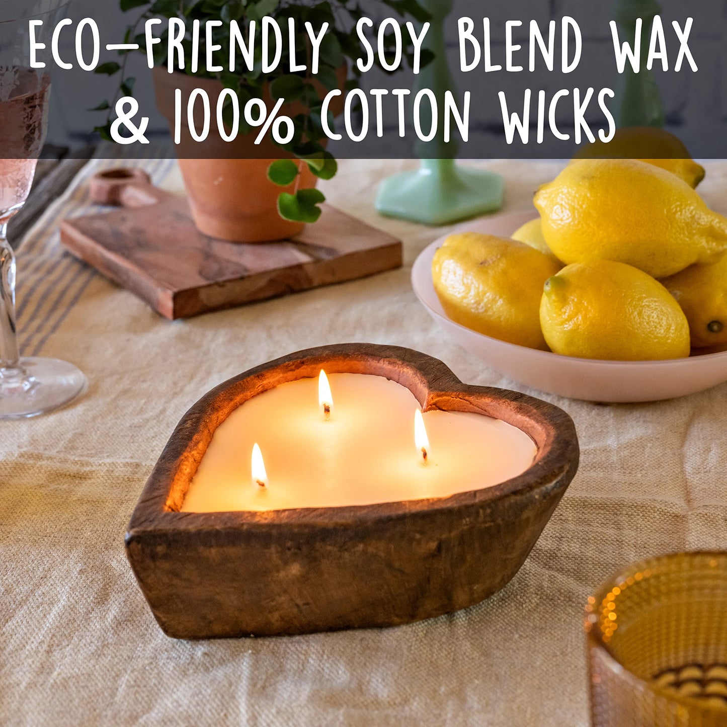 Wooden Dough Bowl Candle 6-inch Heart