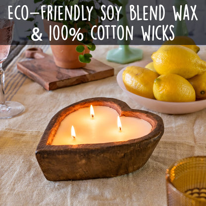 Wooden Dough Bowl Candle 6-inch Heart