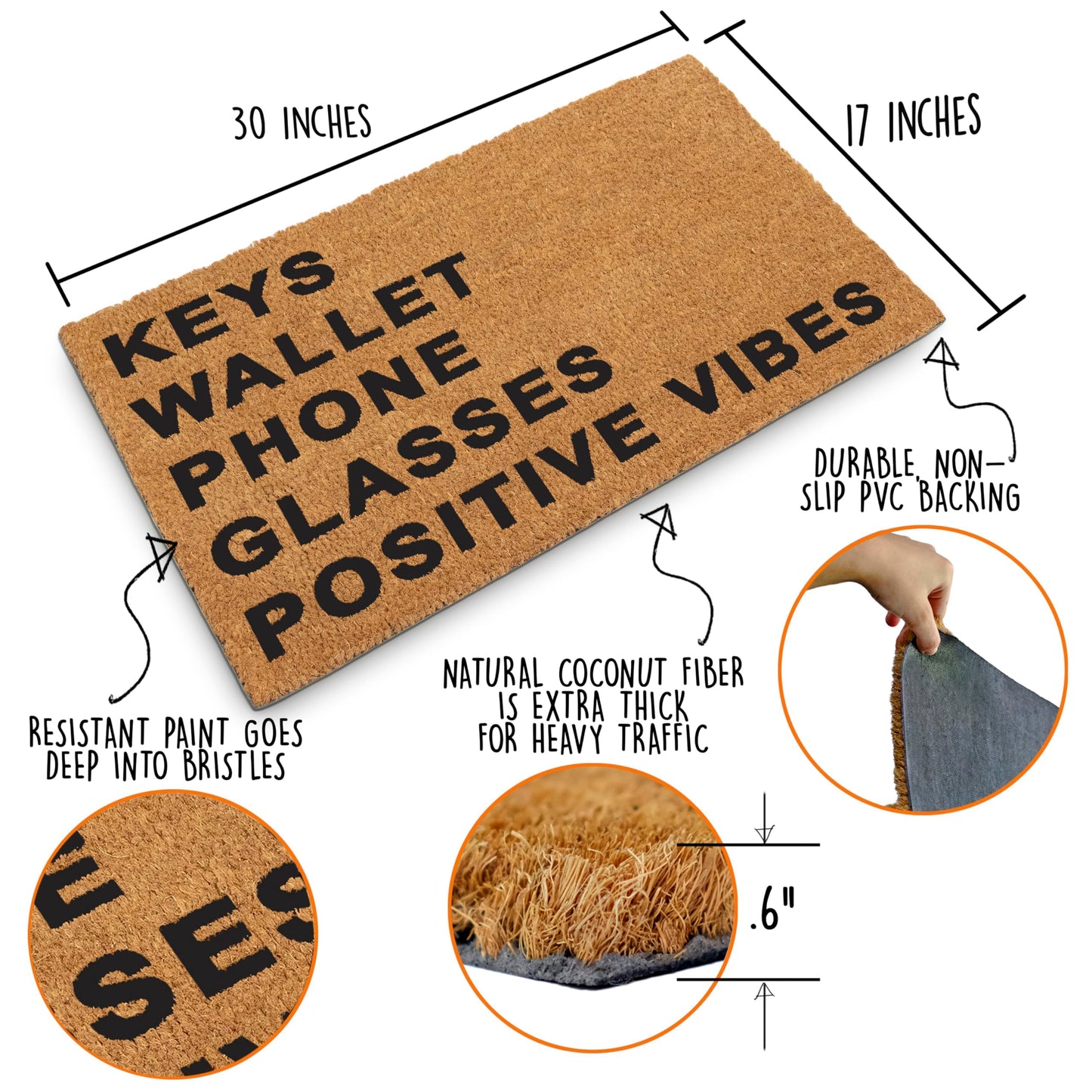 Keys Wallet Phone Glasses Positive Vibes Door Mat Coir Outdoor 30x17 Inch