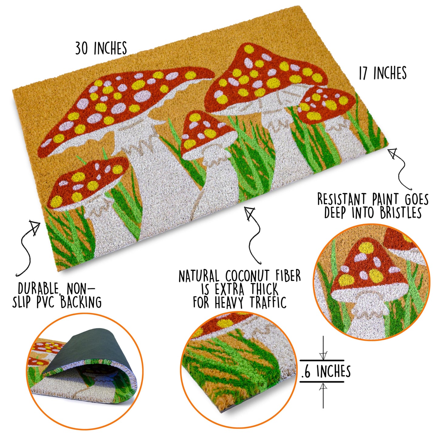 Mushroom Spring Summer Coir Welcome Doormat 30x17 Inch