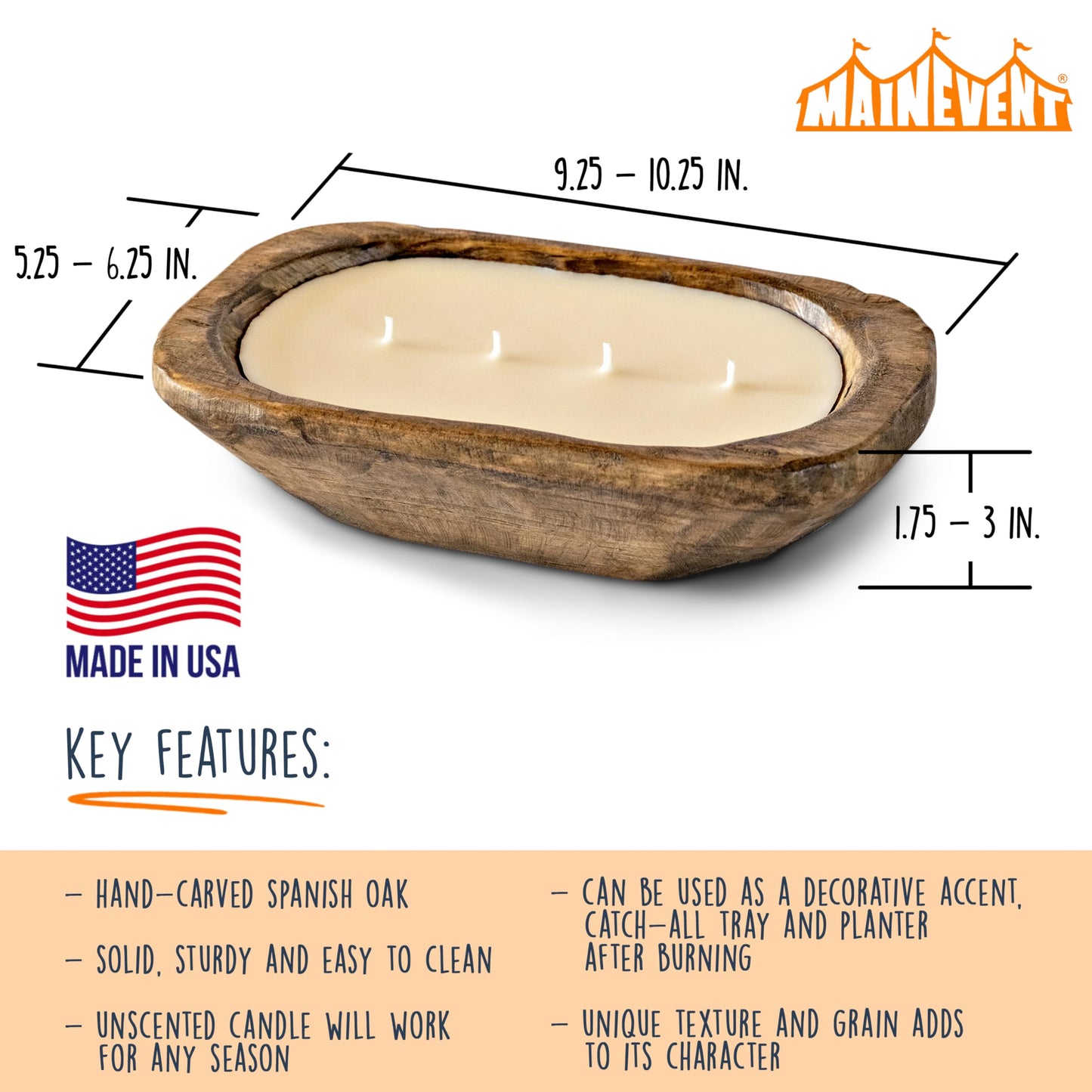 Wooden Dough Bowl Candle 10-inch Length