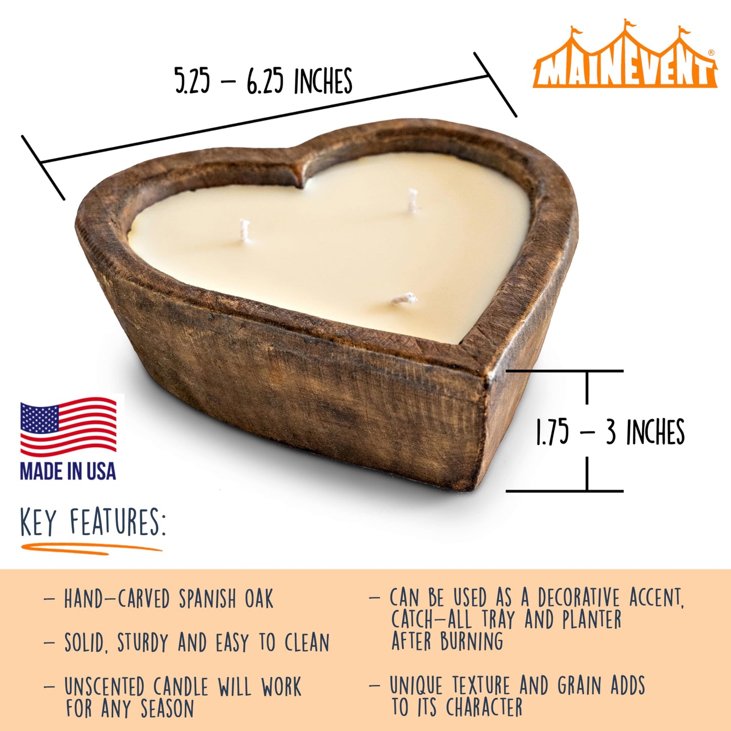 Wooden Dough Bowl Candle 6-inch Heart