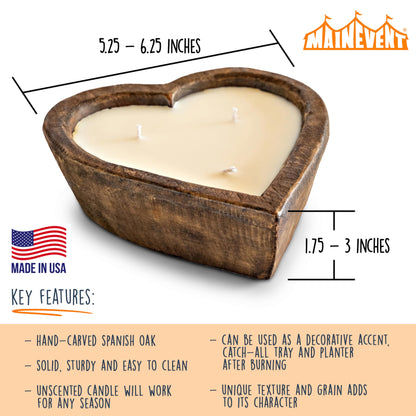 Wooden Dough Bowl Candle 6-inch Heart