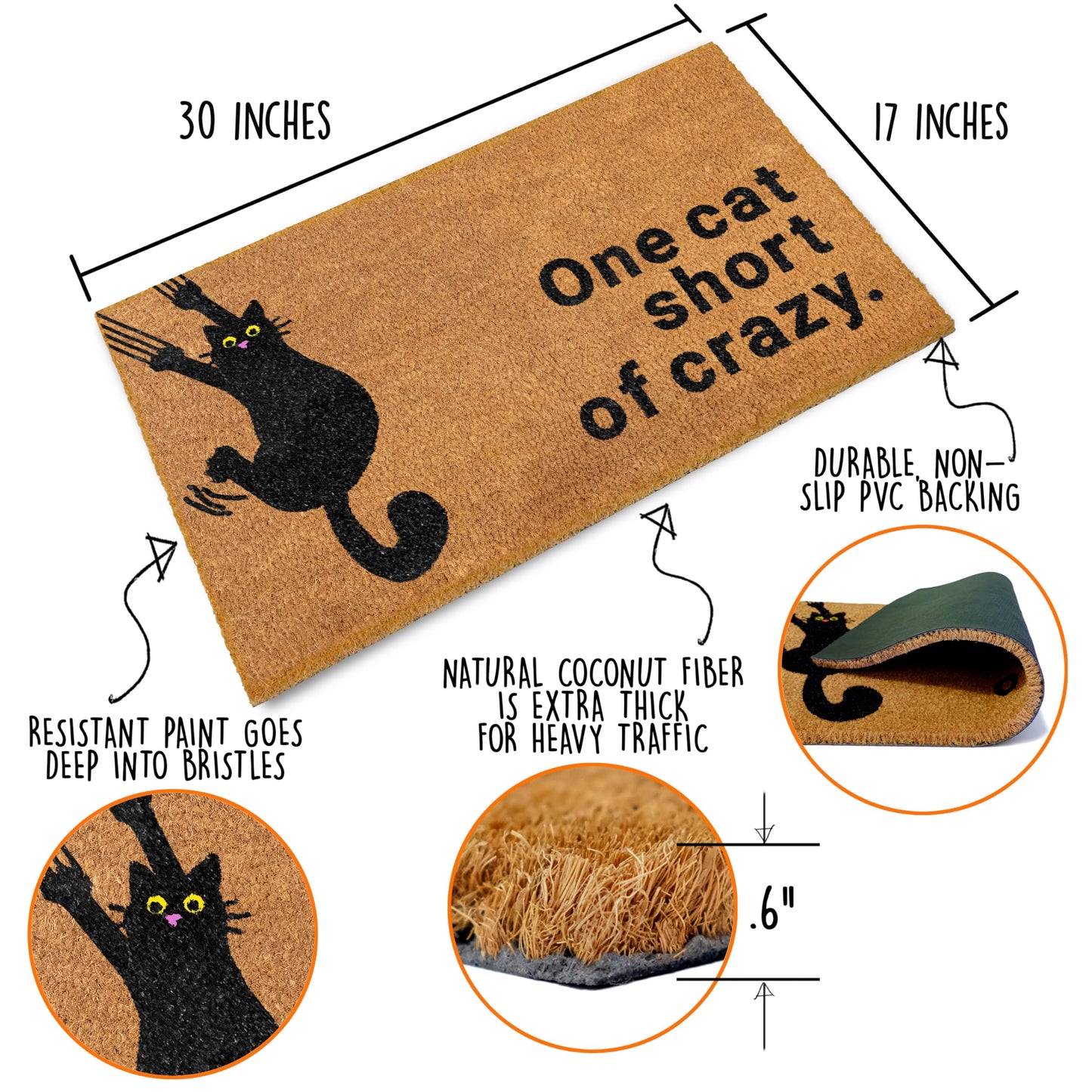One Cat Short of Crazy Coir Door Mat 30x17 Inch