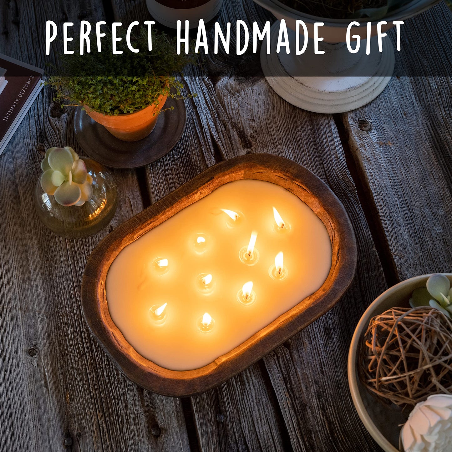 Wooden Dough Bowl Candle 10x14 Inch