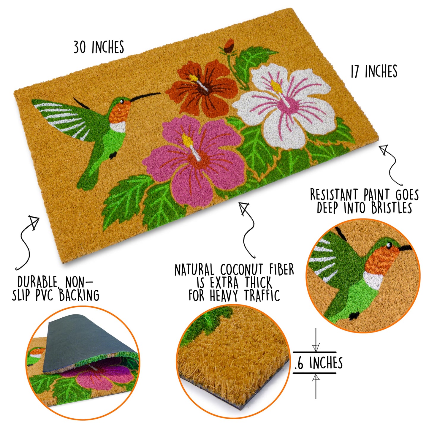 Hummingbird Coir Door Mat 30x17 Inch