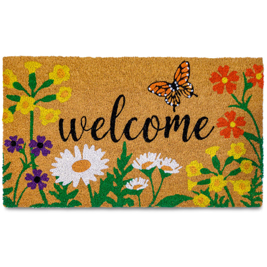 Floral Coir Doormat Outdoor 30x17 Inch Spring Flowers Garden Summer Mats