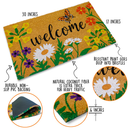 Floral Coir Doormat Outdoor 30x17 Inch Spring Flowers Garden Summer Mats