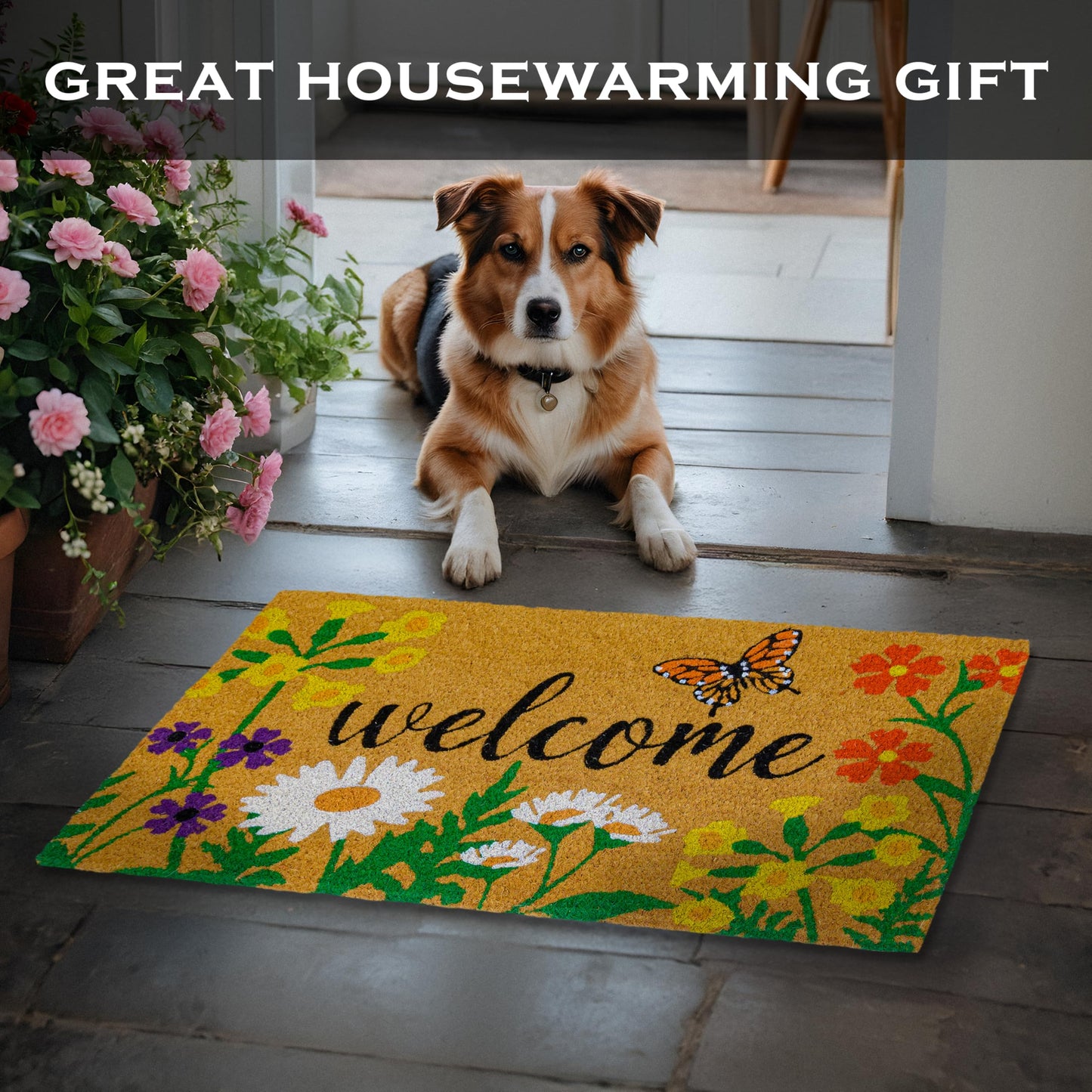 Floral Coir Doormat Outdoor 30x17 Inch Spring Flowers Garden Summer Mats