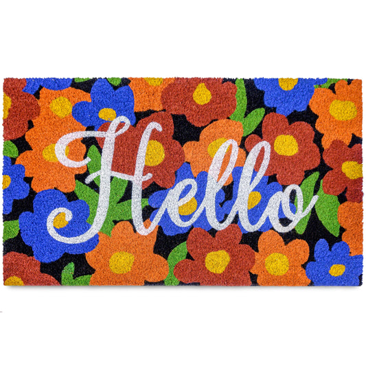 Hello with Floral Pattern Coir Doormat 30x17 Inch Spring Flowers Summer Mats Outdoor