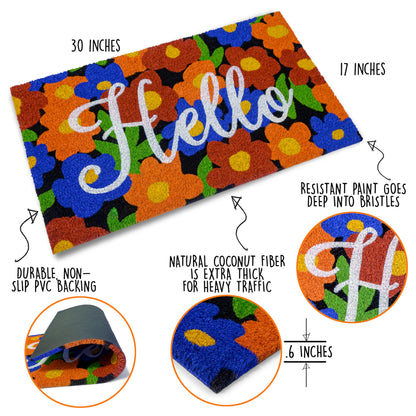 Hello with Floral Pattern Coir Doormat 30x17 Inch Spring Flowers Summer Mats Outdoor