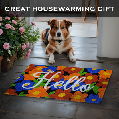 Hello with Floral Pattern Coir Doormat 30x17 Inch Spring Flowers Summer Mats Outdoor