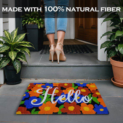 Hello with Floral Pattern Coir Doormat 30x17 Inch Spring Flowers Summer Mats Outdoor