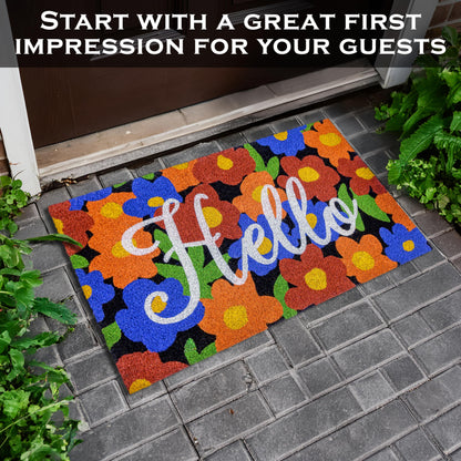 Hello with Floral Pattern Coir Doormat 30x17 Inch Spring Flowers Summer Mats Outdoor