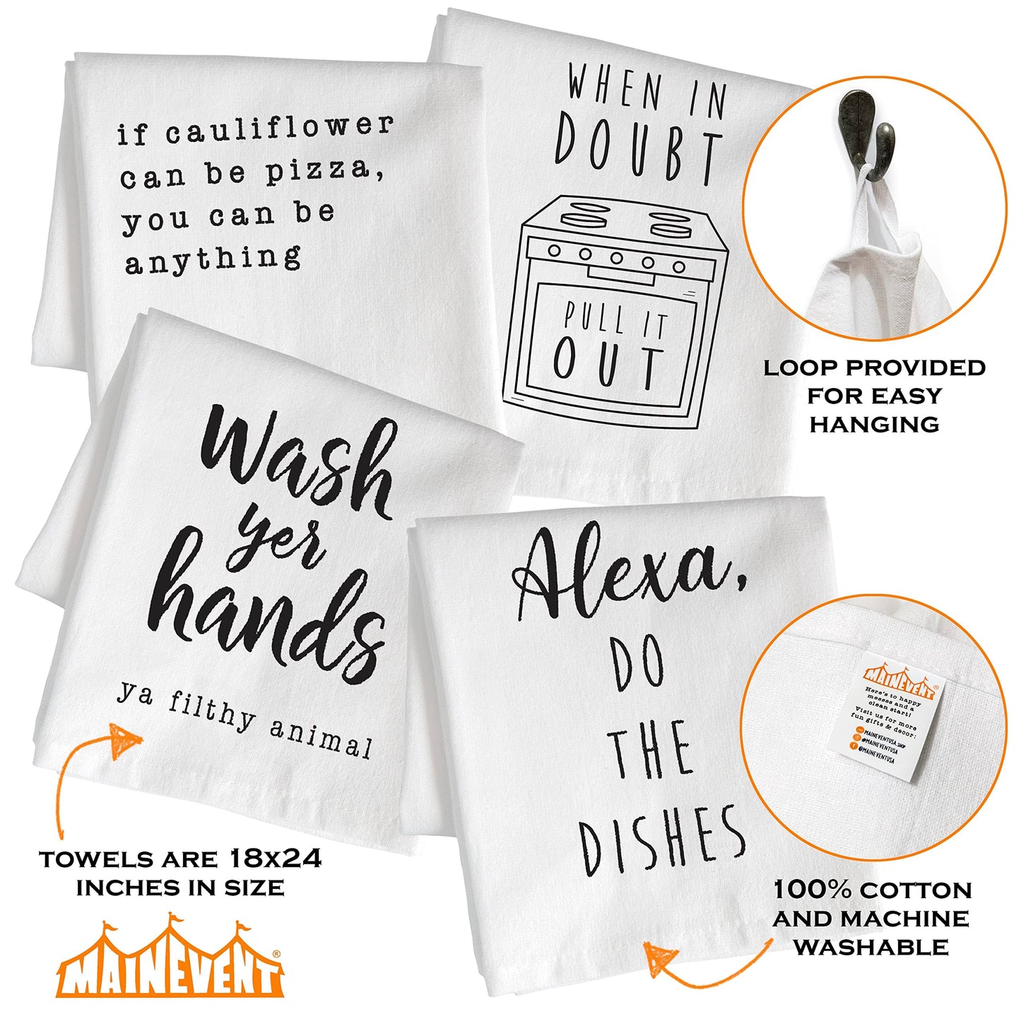 18x24" Funny Kitchen Towel Set of 4, Cotton Tea Towel