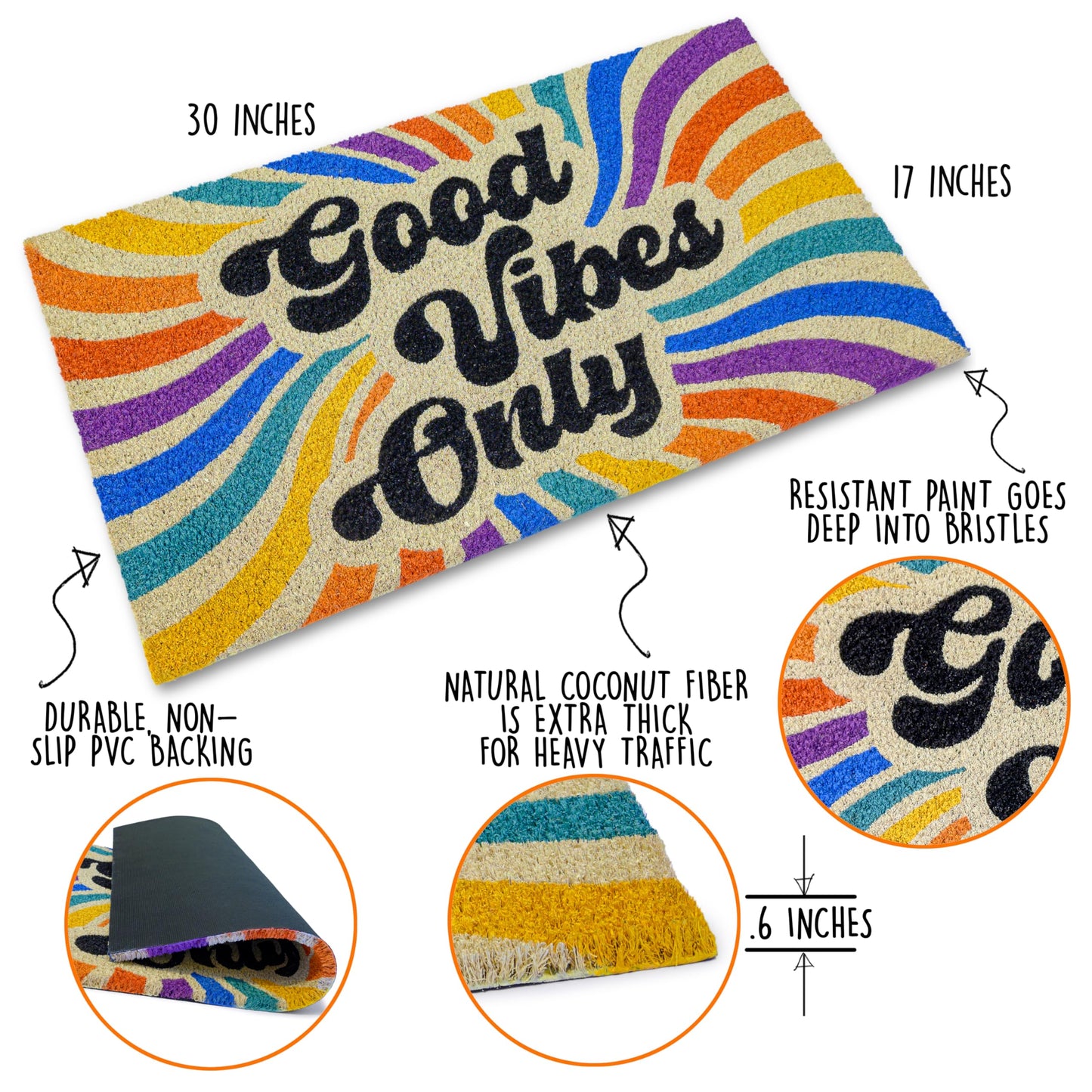 Good Vibes Only Coir Door Mat 30x17 Inch, Retro-themed Doormats Rugs Outdoor