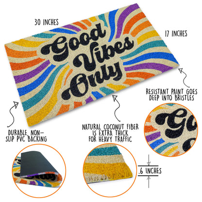 Good Vibes Only Coir Door Mat 30x17 Inch, Retro-themed Doormats Rugs Outdoor