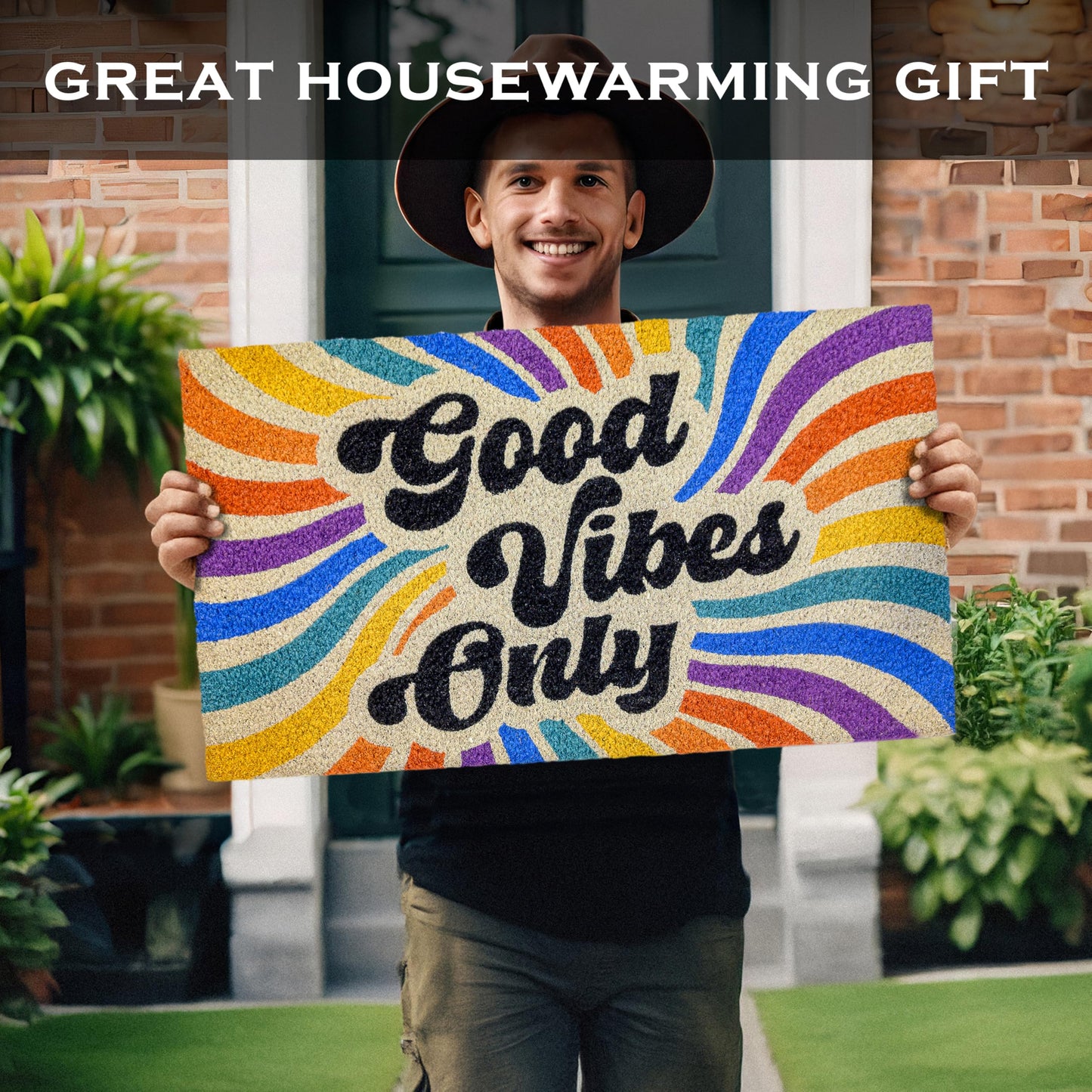 Good Vibes Only Coir Door Mat 30x17 Inch, Retro-themed Doormats Rugs Outdoor