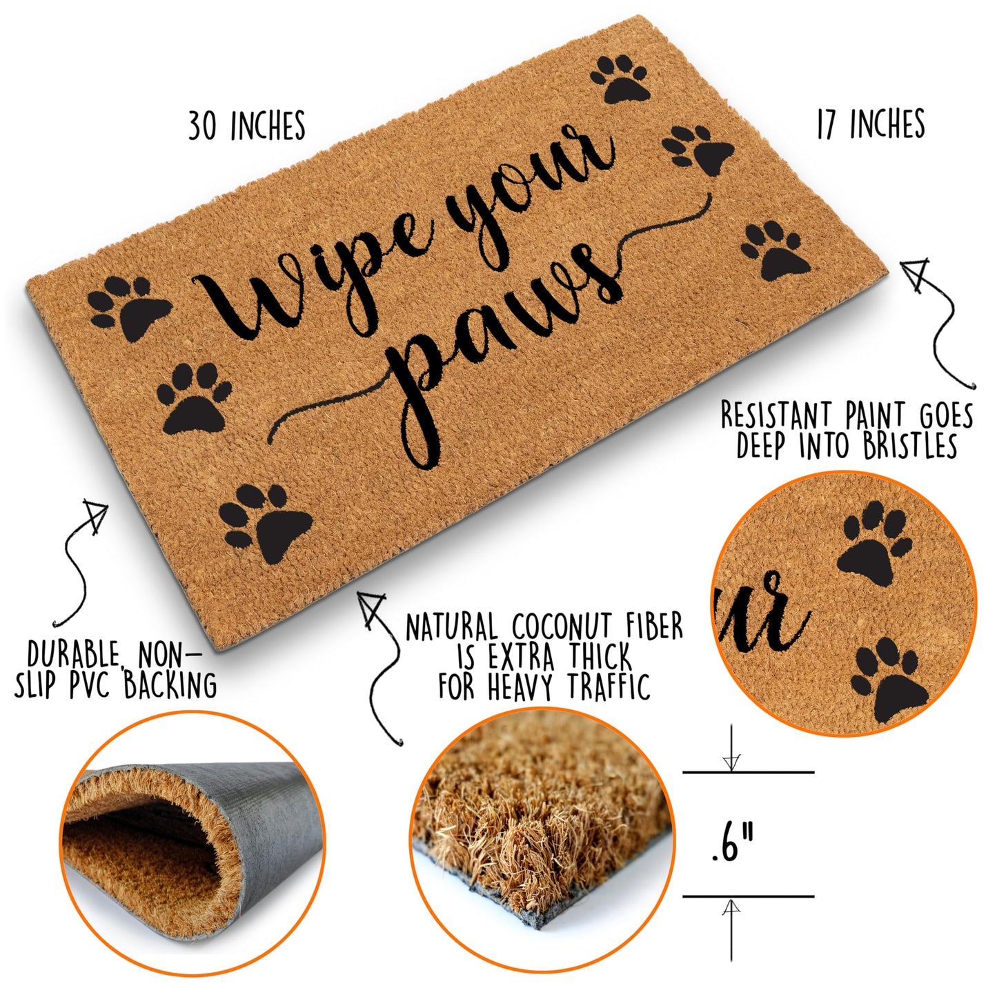 Coir Mat Wipe Your Paws 30"x17"