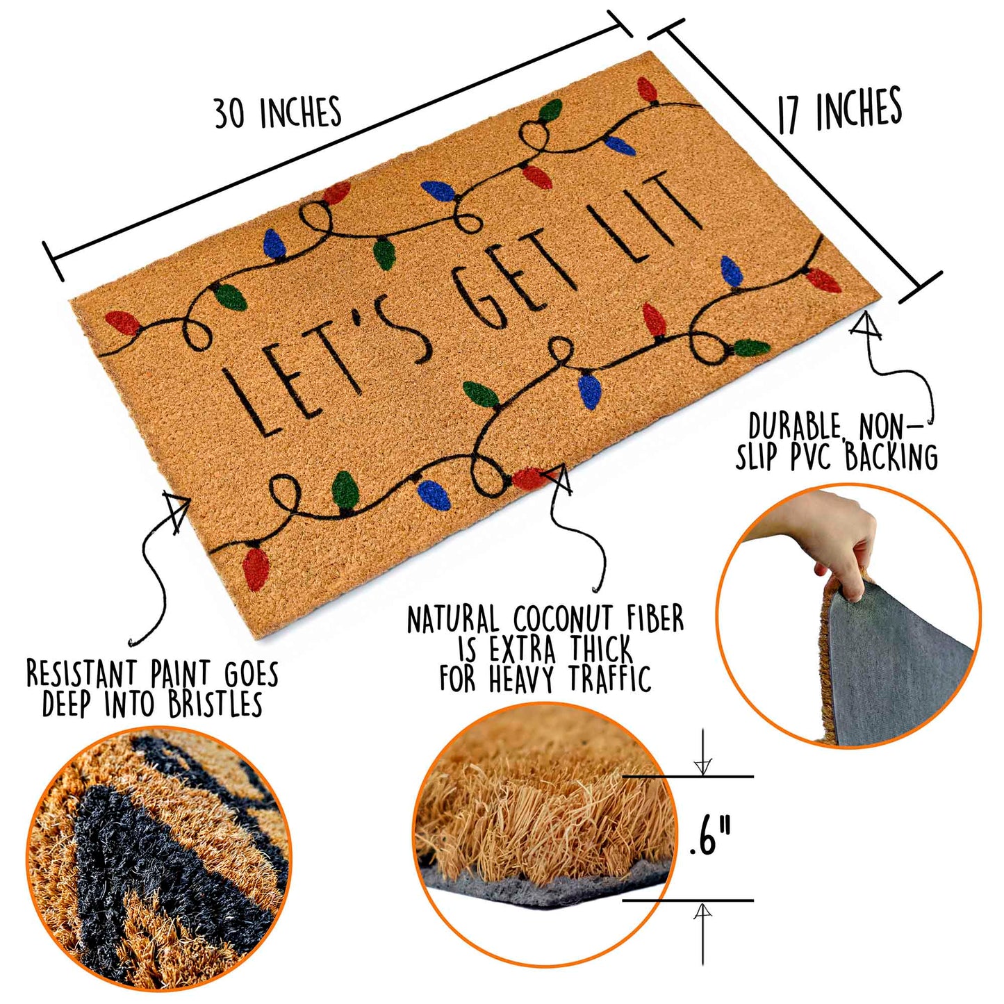 Lets Get Lit Coir Christmas Doormat 30x17 Inch