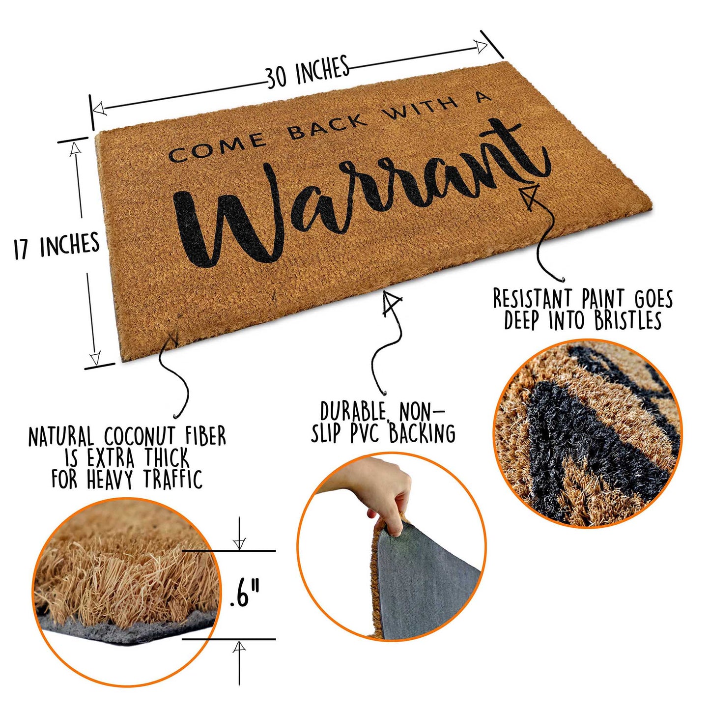 Coir Mat Come Back With a Warrant Durable Funny Mats 30"x17"