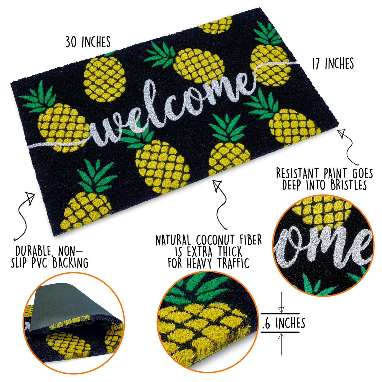 Pineapple Doormat Outdoor 30x17 Inch, Summer Tropical Coir Door Mat Rug