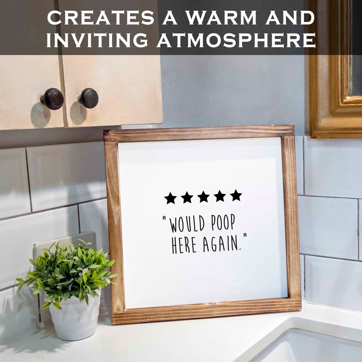 Five Stars Would Poop Here Again Sign - Funny Farmhouse Bathroom Decor Sign 12x12