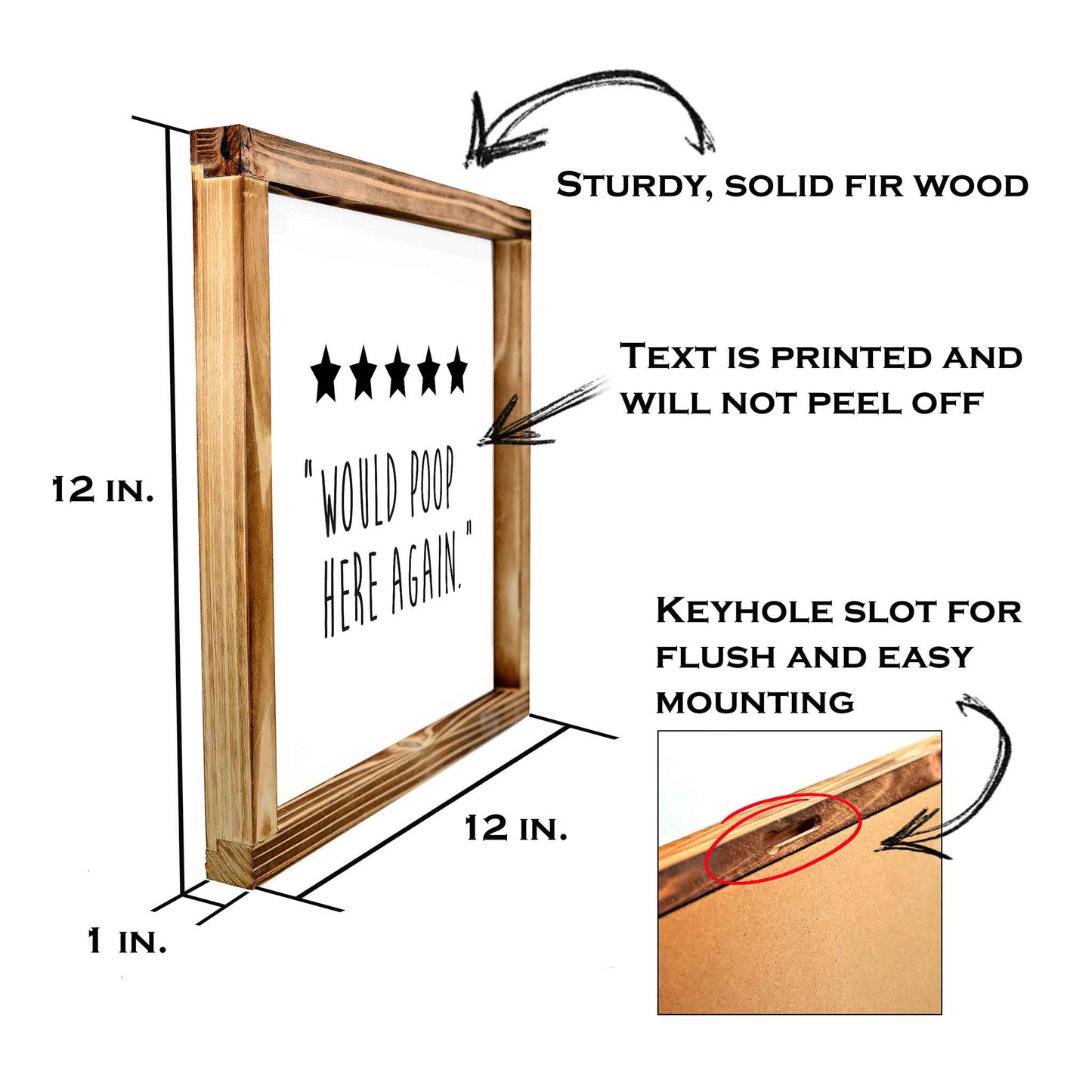 Five Stars Would Poop Here Again Sign - Funny Farmhouse Bathroom Decor Sign 12x12