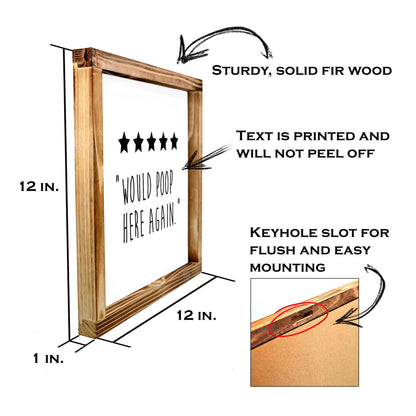 Five Stars Would Poop Here Again Sign - Funny Farmhouse Bathroom Decor Sign 12x12